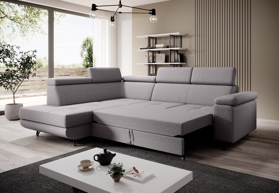 Hoekbank Grijs stof - Met bed en opbergruimte - Lounge ( longchair ) Links - Hoeksalon slaapfunctie en opberging - zetelsenbedden