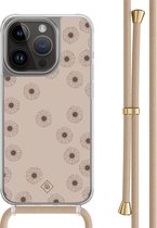 Casimoda® hoesje met beige koord - Geschikt voor iPhone 13 Pro - Cute Flowers - Afneembaar koord - TPU/polycarbonaat - Zwart