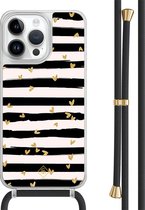 Casimoda® hoesje met zwart koord - Geschikt voor iPhone 14 Pro Max - Hart Streepjes - Afneembaar koord - TPU/polycarbonaat - Zwart