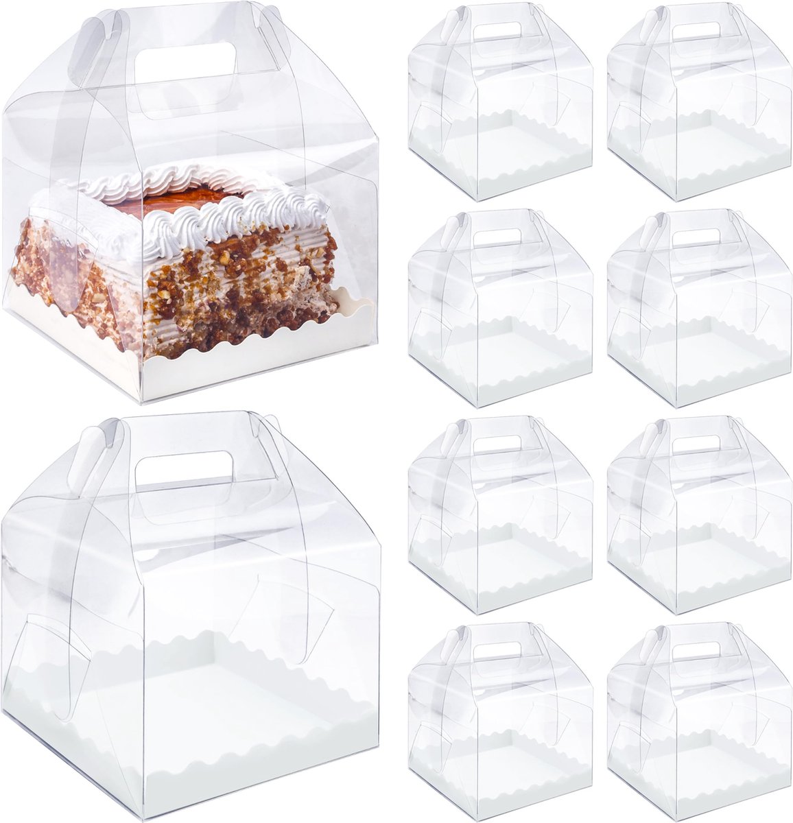 BELLE VOUS 10 doorzichtige vierkante taartdozen 15 x 15 x 12 cm met kartonnen bodem Herbruikbaar Voor bruiloften Voor bakkers Plastic