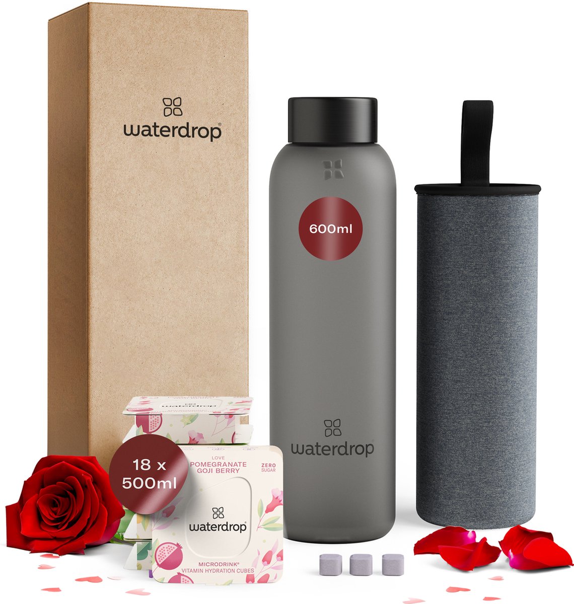 waterdrop® Starterset Glas - Black Frosted - valentijn cadeautje voor hem en haar - 1 Glas drinkfles 600 ml + 18 Microdrink bruistabletten