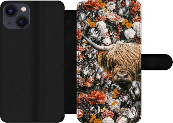 Étui pour téléphone iPhone 13 Bookcase - Highlander écossais - Fleurs - Oranje - Avec compartiments - Étui portefeuille avec fermeture magnétique