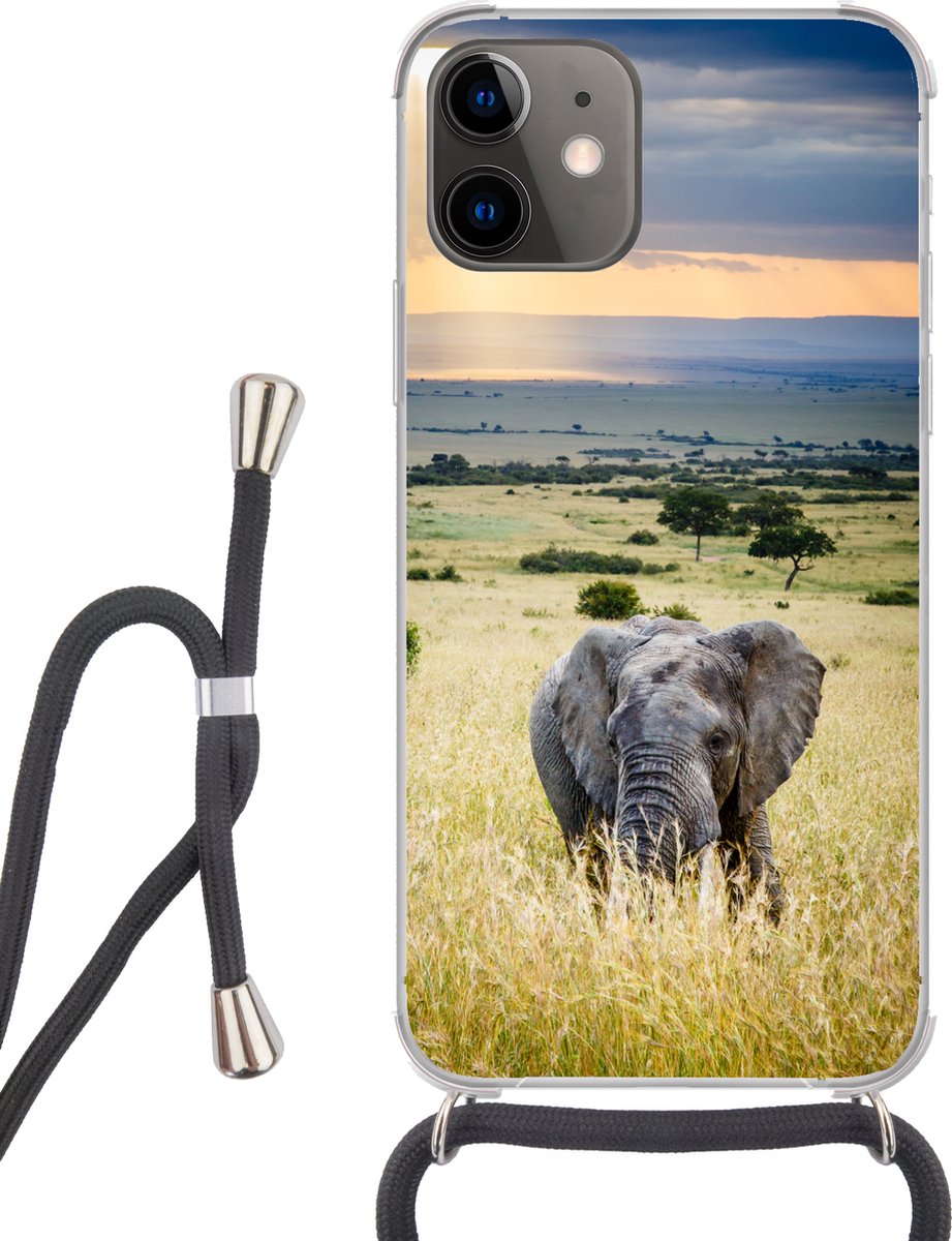 Telefoonhoesje Geschikt voor iPhone 11 - Olifant - Dieren - Landschap - Zon - Natuur - Siliconen - Crossbody - Backcover met Koord - Telefoonhoesje met koord - Hoesje met touw Telefoonhoesje