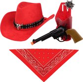 Carnaval verkleedset luxe model cowboyhoed Rodeo - rood - hals zakdoek/revolver - voor volwassen