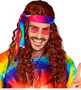Widmann - Hippie Kostuum - Hippie Pruik Met Hoofdband Tie Dye Bruin - Blauw, Roze, Bruin - Carnavalskleding - Verkleedkleding