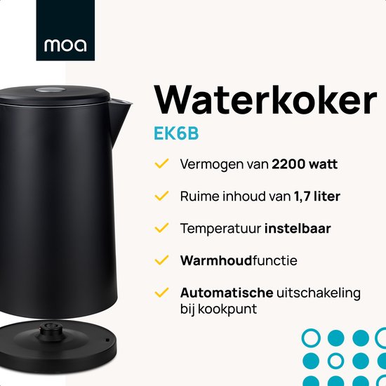Bouilloire MOA noire EK6B avec spécifications textuelles, y compris une puissance de 2200 watts et une capacité de 1,7 litre.