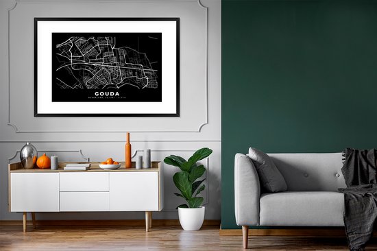 Affiche avec cadre Carte - Gouda - Zwart - 120x80 cm