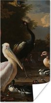 Poster Een pelikaan en ander gevogelte bij een waterbassin - Schilderij van Melchior d'Hondecoeter - 60x120 cm