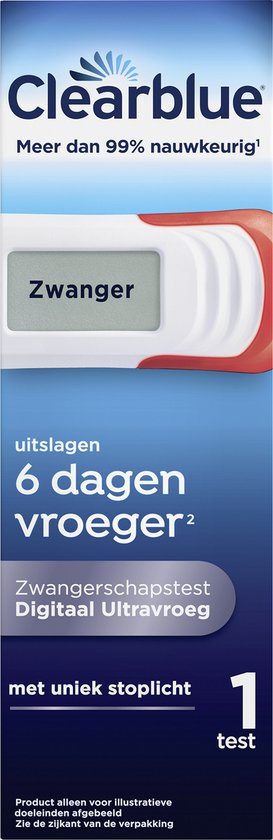 Doos van Clearblue digitale zwangerschapstest met "Meer dan 99% nauwkeurig" en "uitslagen 6 dagen vroeger". Een test met rode accenten toont "Zwanger".