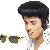 Ensemble de costume Elvis star du Rock and roll - perruque noire pour homme avec écusson - et lunettes à monture dorée
