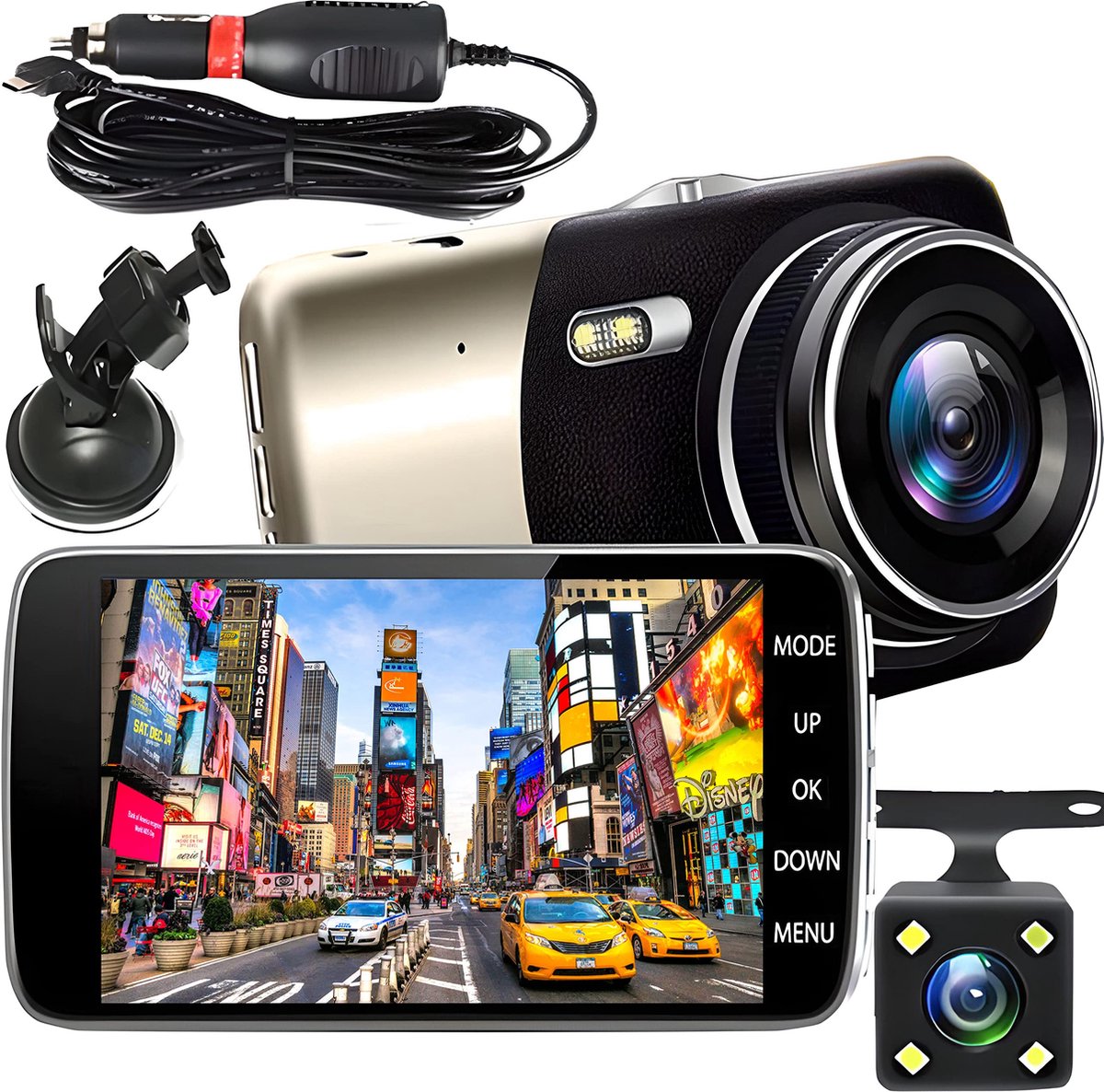 Beroli - Retoo Dash Cam Auto Voor Achter - Infrarood Nachtzicht - 360 Mini Dash Cam - 1080P - SD-kaart - G-Sensor - Parkeermonitor - Loop Recording - Bewegingsdetectie - Bescherming