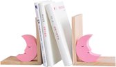 Set van twee houten roze maan boekensteunen, antislip boekensteunen voor boekenplanken, kinderkamer decoratie.