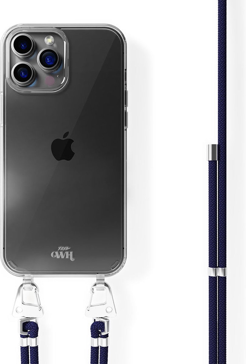 xoxo Wildhearts siliconen hoesje - Geschikt voor iPhone 15 Pro Max - Navy Overload - Telefoonhoesje - Hoesje met koord - telefoonkoord - Donkerblauw - Transparant hoesje