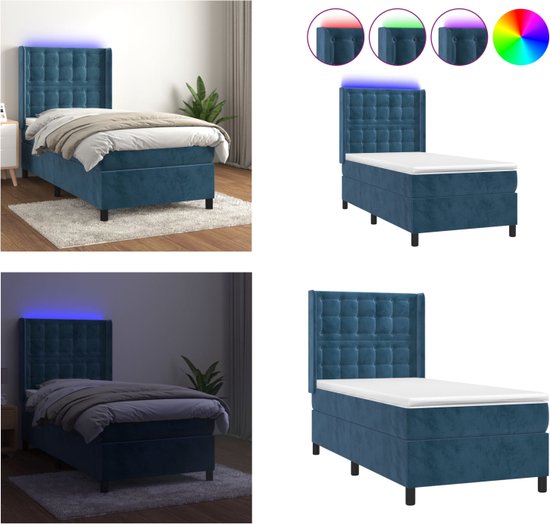 vidaXL Boxspring met matras en LED fluweel donkerblauw 100x200 cm - Boxspring - Boxsprings - Bed - Slaapmeubel