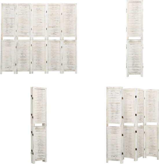 vidaXL Kamerscherm met 5 panelen 178-5x166 cm massief hout antiekwit - Kamerscherm - Kamerschermen - Privacyscherm - Klapscherm