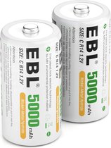 EBL 2-Pack Oplaadbare C Cell Batterijen 5000 mAH - Duurzame 1.2V NI-MH Oplaadbare Batterijen