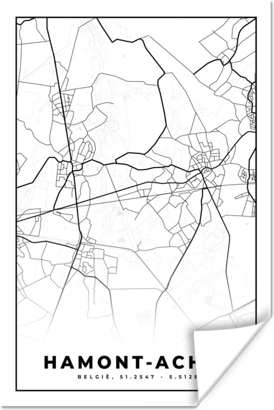 Poster Kaart – Plattegrond – Stadskaart – Hamont Achel – België – Zwart Wit - 60x90 cm