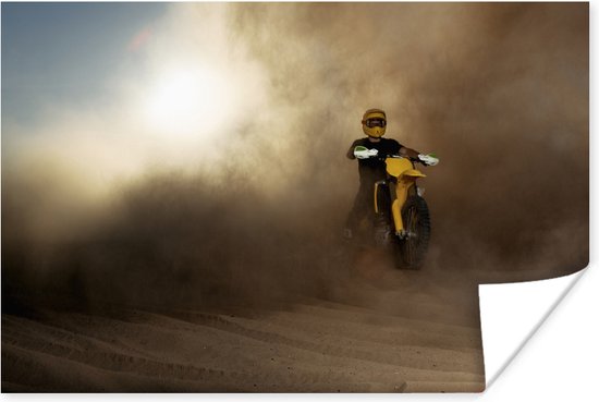 Poster - Een man op een gele motor in een stofwolk