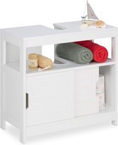 meuble vasque, 2 compartiments, portes coulissantes, niche siphon, meuble vasque bois, HBD: 60,5 x 60 x 30cm, blanc