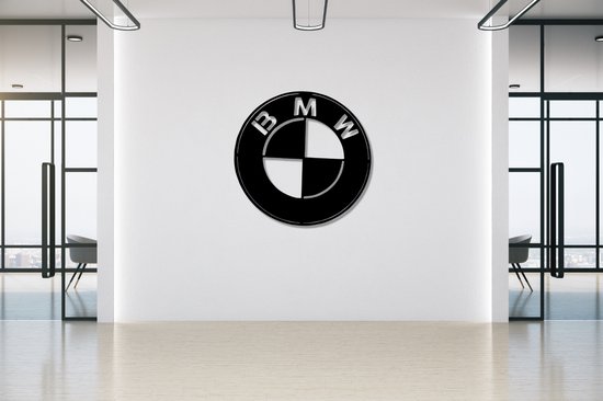 BMW - Logo - Art métallique - Zwart - 40 x 40 cm - Décoration de voiture - Décoration murale - Man Cave - Cadeau pour homme - Avec système de suspension