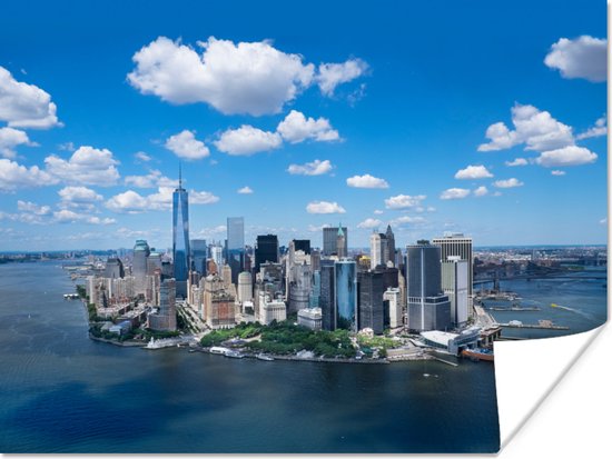 Luchtfoto van Manhattan Skyline Poster 160x120 cm - Foto print op Poster (wanddecoratie woonkamer / slaapkamer) / Amerikaanse steden Poster XXL / Groot formaat!