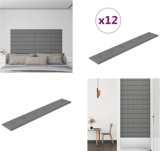 vidaXL Wandpanelen 12 st 1-62 m² 90x15 cm kunstleer grijs - Wandpaneel - Wandpanelen - Wanddecoratie - Wandversiering