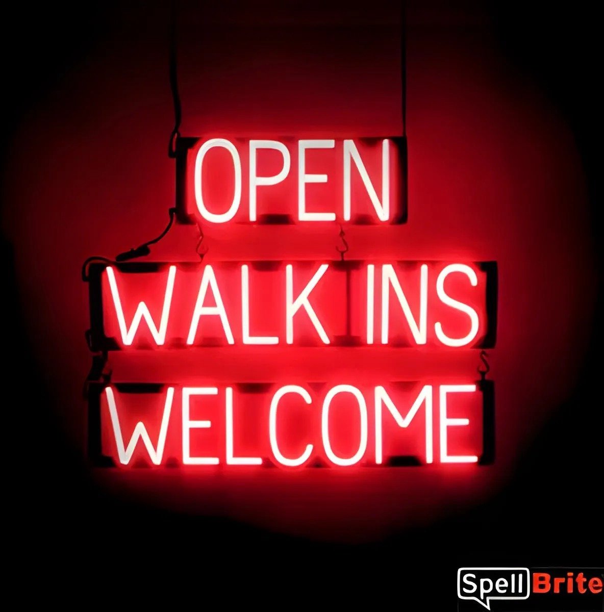 OPEN WALK INS WELCOME - Lichtreclame Neon LED bord verlicht | SpellBrite | 76 x 60 cm | 6 Dimstanden - 8 Lichtanimaties | Reclamebord neon verlichting