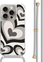 Casimoda® hoesje met grijs koord - Geschikt voor iPhone 15 Pro - Hart Swirl Zwart - Afneembaar koord - TPU/polycarbonaat - Zwart