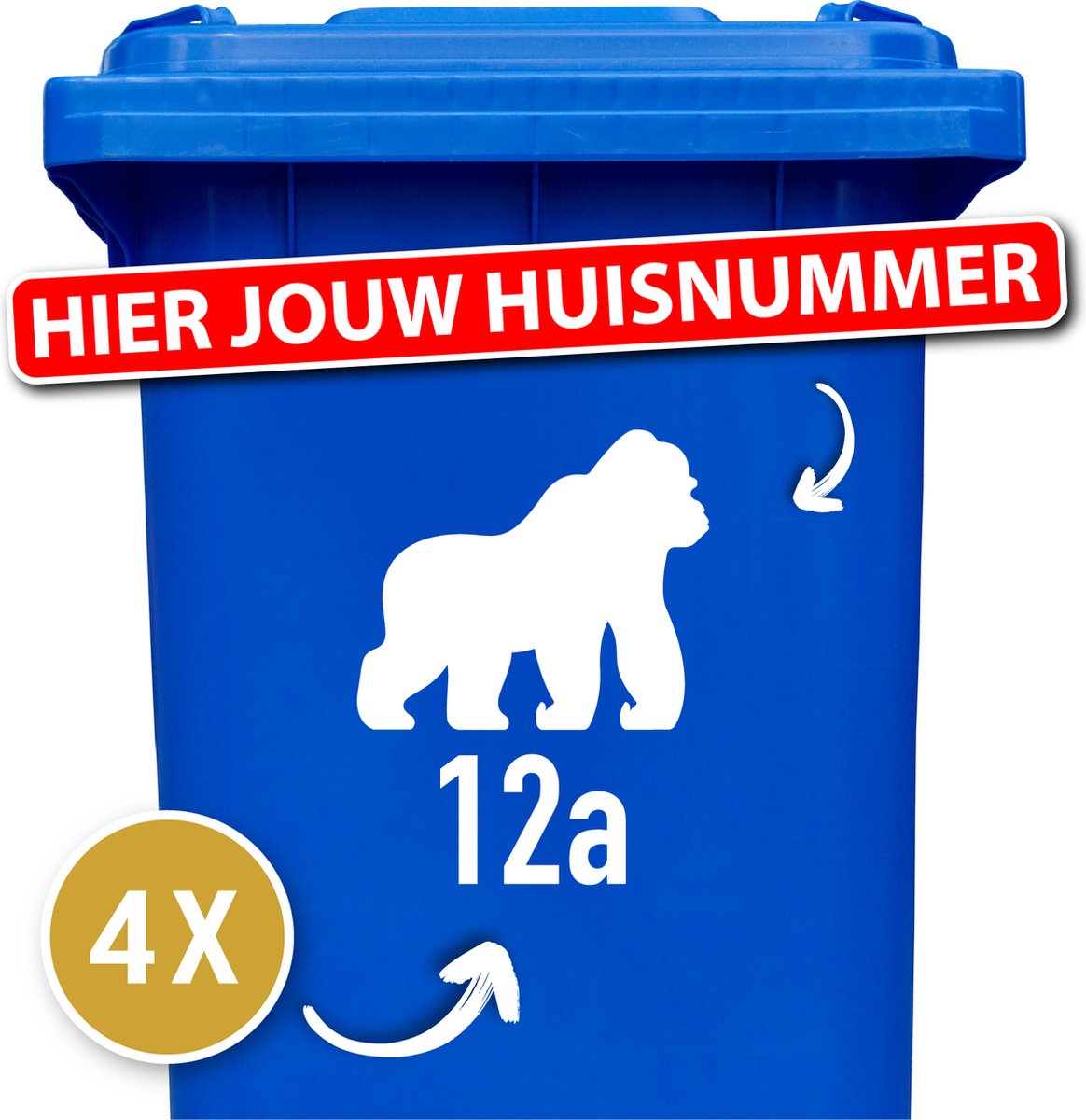 Container Sticker Huisnummer + Gorilla Aap 4 Stuks - wit - 20 x 20 cm - kliko Sticker Voordeelset - Containerstickers - Weerbestendige Stickers - Stickers Buiten - Containersticker Huisnummer - Kliko Sticker Dieren - Brievenbus Sticker