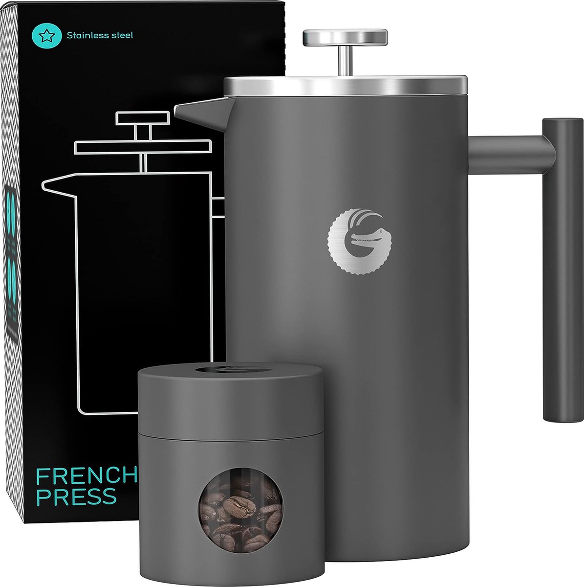 Cafetière Franse koffie- en theemaker inhoud 1 liter dubbelwandige Franse koffiepers van roestvrij staal uitgevoerd in zwart; houdt koffie langer warm. Met gratis bijpassend minikoffieblik in matgrijs