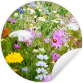 WallCircle - Muurstickers - Behangcirkel - Bloemen - Natuur - Groen - Gras - Paars - Wit - 120x120 cm - Muurcirkel - Zelfklevend - Ronde Behangsticker XXL