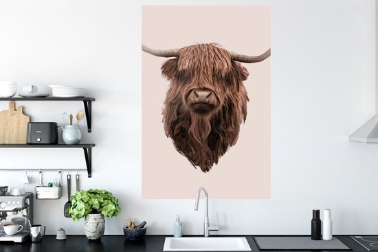 Muurstickers - Sticker Folie - Kop - Schotse Hooglander - Illustratie - 80x120 cm - Plakfolie - Muurstickers Kinderkamer - Zelfklevend Behang - Zelfklevend behangpapier - Stickerfolie
