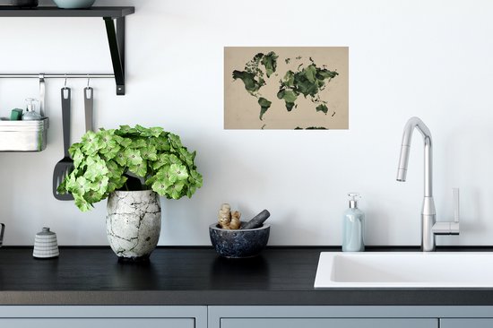 Sticker Muursticker Cartes du monde du Wereldkaart motif de feuilles sur fond couleur sable - 30x20 cm - Film adhésif autocollant - Sticker mural repositionnable