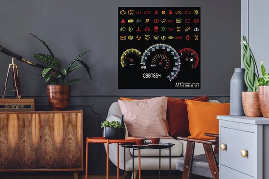 Sticker Muursticker Illustration voiture / avion tableau de bord - Illustration de symboles colorés dans la voiture sur le tableau de bord - 80x80 cm - film autocollant - sticker mural repositionnable