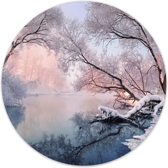 Label2X - Muurcirkel winterlandschap - Ø 60 cm - Dibond - Multicolor - Wandcirkel - Rond Schilderij - Muurdecoratie Cirkel - Wandecoratie rond - Decoratie voor woonkamer of slaapkamer