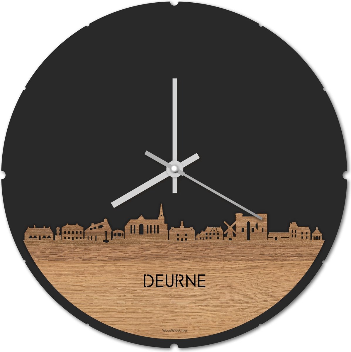 Skyline Klok Rond Deurne Eikenhout - Ø 44 cm - Stil uurwerk - Wanddecoratie - Meer steden beschikbaar - Woonkamer idee - Woondecoratie - City Art - Steden kunst - Cadeau voor hem - Cadeau voor haar - Jubileum - Trouwerij - Housewarming -