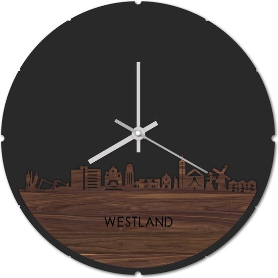 Skyline Klok Rond Westland Notenhout - Ø 44 cm - Stil uurwerk - Wanddecoratie - Meer steden beschikbaar - Woonkamer idee - Woondecoratie - City Art - Steden kunst - Cadeau voor hem - Cadeau voor haar - Jubileum - Trouwerij - Housewarming -