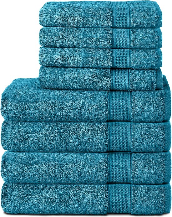 Handdoekenset van 8 stuks, 100% katoen, 4 badhanddoeken 70 x 140 cm en 4 handdoeken 50 x 100 cm, badstof, zacht, handdoek, groot, turkoois.