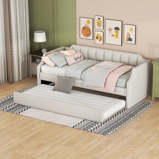 Lit de repos Twin avec lit gigogne - Canapé-lit moderne, lit gigogne - Lit simple capitonné 90x190cm - Tissu ligne coton - Beige