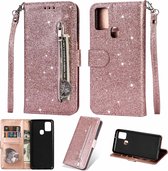 Portemonnee Hoesje - Wallet Case - Rits Sparkly Glitter - Telefoonhoes met Kord Geschikt voor: Samsung Galaxy M31S - Rosegoud