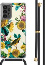 Casimoda® hoesje met zwart koord - Geschikt voor Samsung A13 4G - Zonnebloemen / Bloemen - Afneembaar koord - TPU/polycarbonaat - Geel