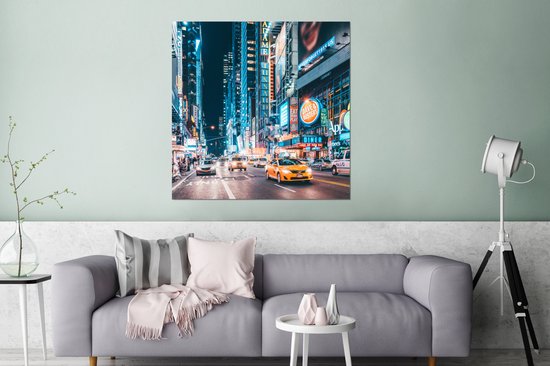 Wanddecoratie Metaal - Aluminium Schilderij Industrieel - New York - Taxi - Times Square - 90x90 cm - Dibond - Foto op aluminium - Industriële muurdecoratie - Voor de woonkamer/slaapkamer