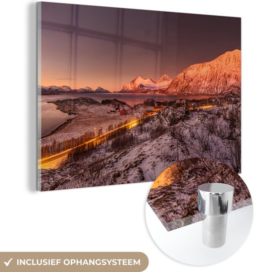 MuchoWow® Glasschilderij 30x20 cm - Schilderij acrylglas - Arctische zonsondergang over Kvaloya - Foto op glas - Schilderijen
