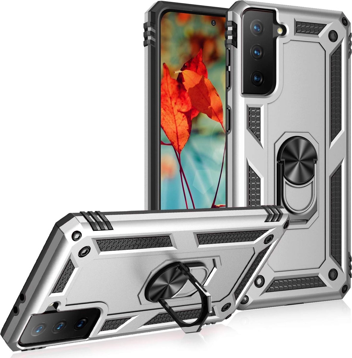 Anti-Shock Hybrid Ring Armor Hoesje Geschikt voor: Samsung Galaxy S21 FE - Zilver