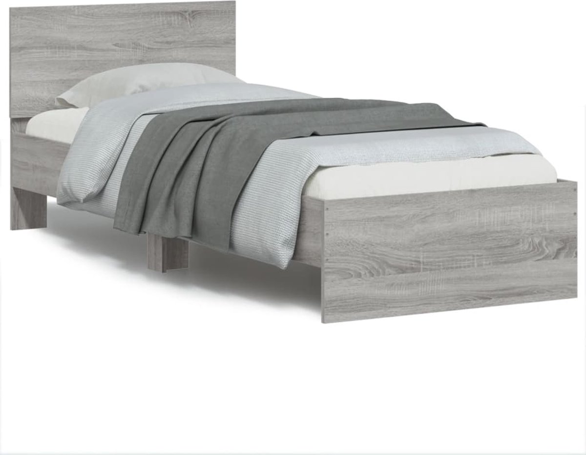 vidaXL - Bedframe - met - hoofdeinde - bewerkt - hout - grijs - sonoma - 90x190 - cm