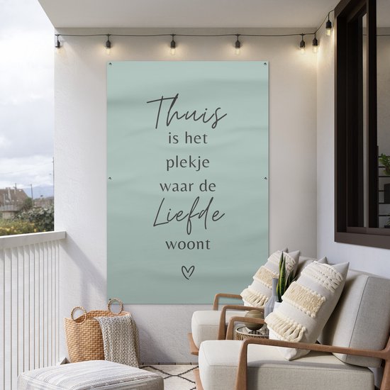 Affiche de jardin 120x180 cm - Décoration de jardin - Citation - Maison - Amour - Blauw - Texte - Coeur - Affiche pour le jardin - Décoration extérieure - Peinture de jardin de clôture - Décoration murale - Toile de jardin - Affiche extérieure