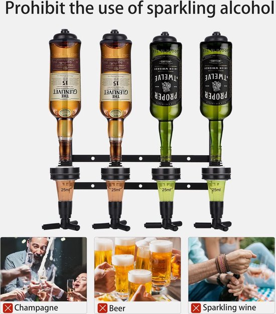 Bar Butler Bar flessenhouder en doseerder bar butler muur flessenhouder voor 4 flessen bar accessoire drankdispenser drankdispenser huisbar cocktailbar borreldispenser (zwart) — afbeelding 3