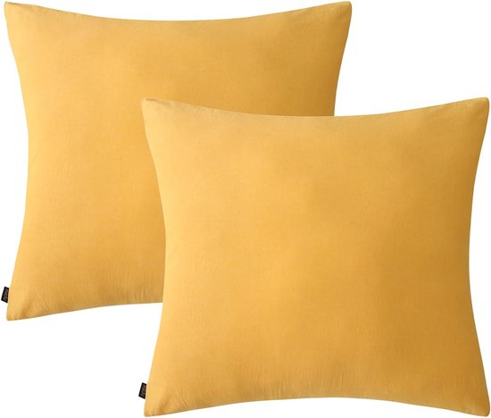 Kussensloop 80 x 80 cm katoen geel, kussenslopen 2-delig met ritssluiting, vergelijkbare textuur als Stone Washed linnen, ÖkoTex gecertificeerd, zacht en comfortabel