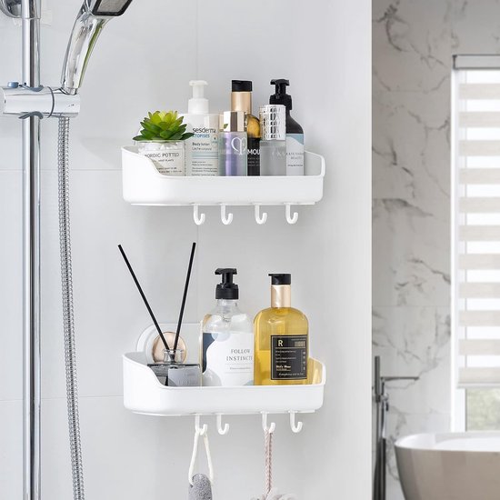 Doucheplank, zuignap, zonder boren, 2 stuks, doucheplank, hoek met haken, zuignap, badkamerrek met handdoekhouder, aluminium wand, douchemand, douche-organizer voor badkamer en keuken (crèmewit Doucheplank, zuignap, zonder boren, 2 stuks, doucheplank, hoek met haken, zuignap, badkamerrek met handdoekhouder, aluminium wand, douchemand, douche-organizer voor badkamer en keuken (crèmewit