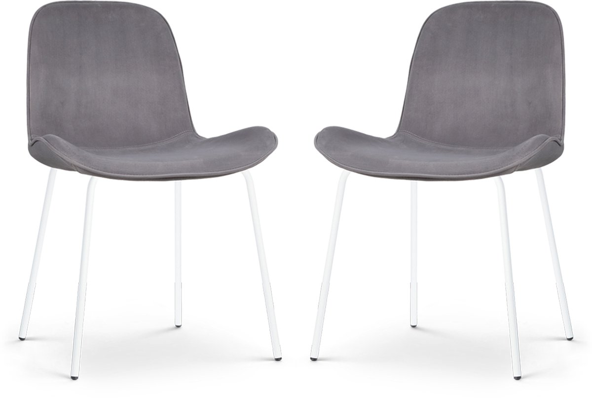 Nolon Nora-Fé Eetkamerstoelen Set van 2 Velvet Grijs - Fluweel - Stof - Witte Poten Grijs - Wit onderstel